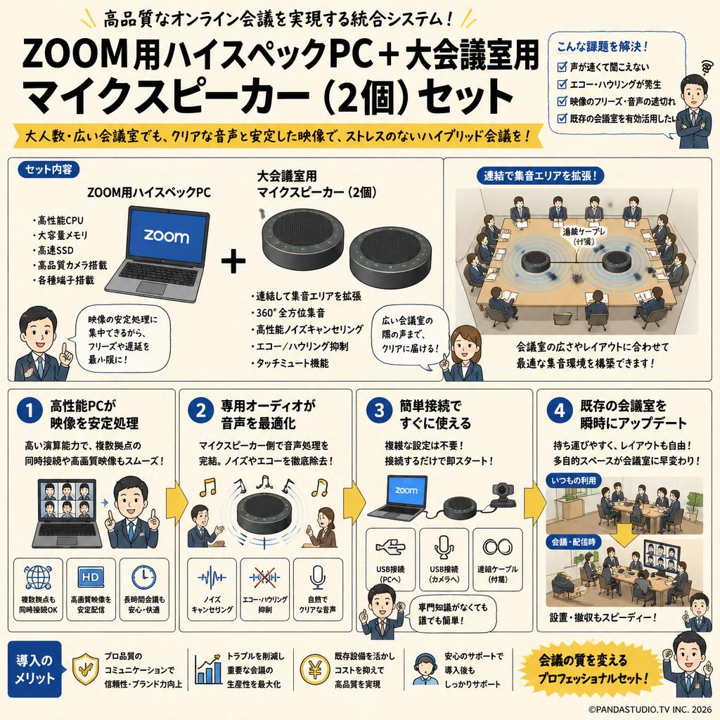 ZOOM用ハイスペック PC ＋ 大会議室用 マイクスピーカー（2個）セット 概要