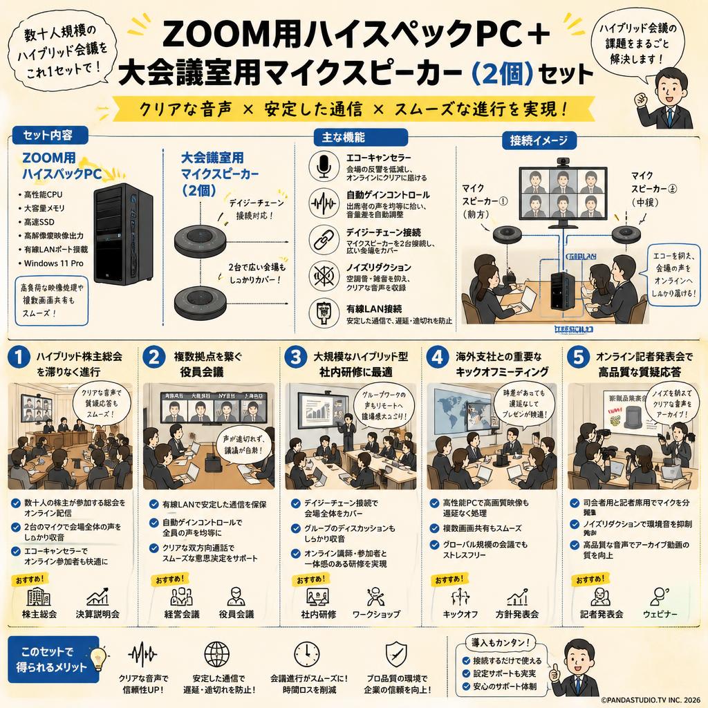 ZOOM用ハイスペック PC ＋ 大会議室用 マイクスピーカー（2個）セット 用途