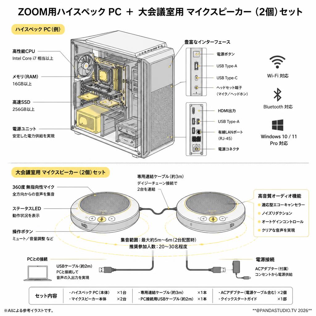 ZOOM用ハイスペック PC ＋ 大会議室用 マイクスピーカー（2個）セット スペック