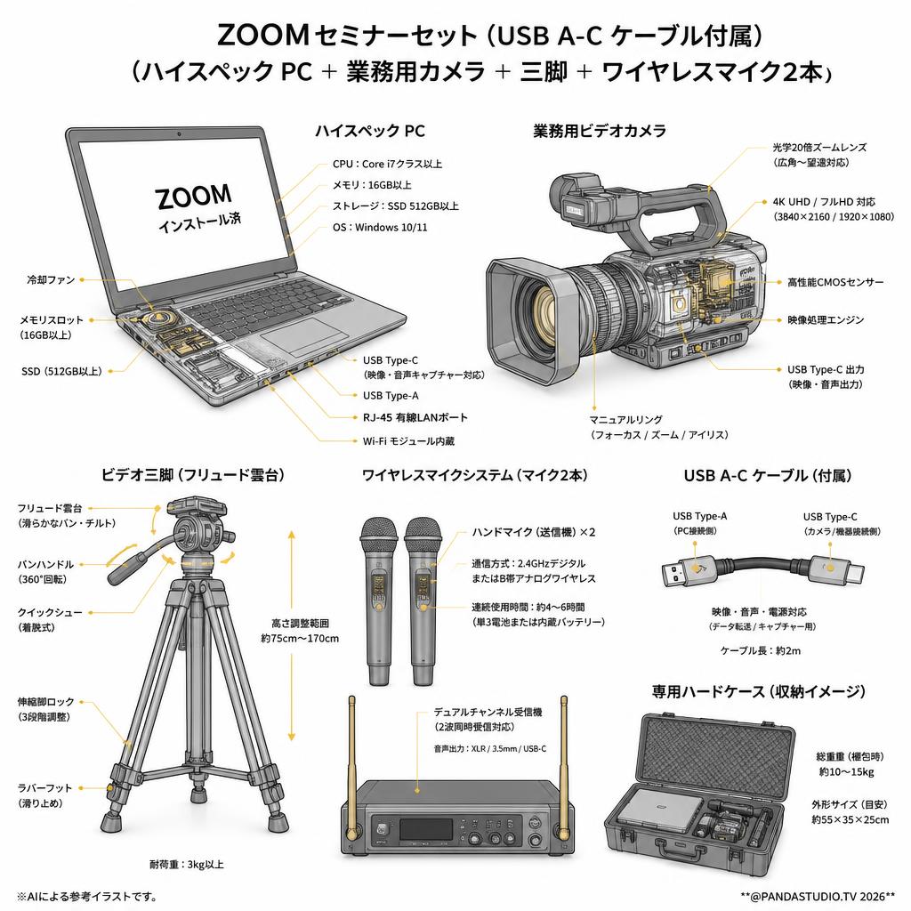 ZOOMセミナーセット（USB A-C ケーブル付属）（ハイスペック PC ＋ 業務用カメラ ＋ 三脚 ＋ ワイヤレスマイク2本） スペック