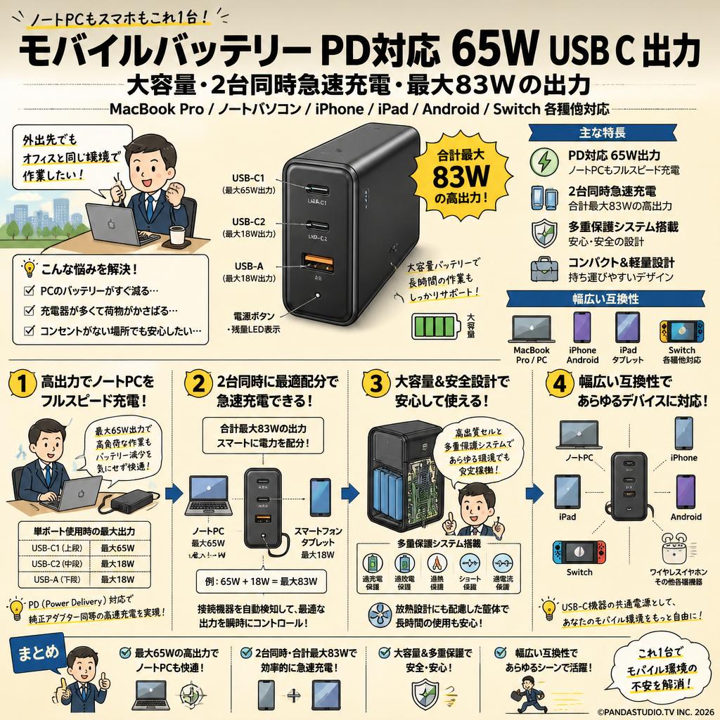モバイルバッテリー PD対応 65W USB C 出力 大容量 2台同時急速充電 最大83Wの出力  MacBook Pro/ノートパソコン/iPhone/iPad/Android/Switch 各種他対応 概要