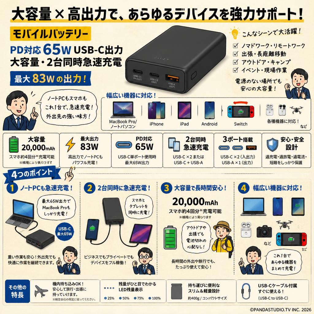 モバイルバッテリー PD対応 65W USB C 出力 大容量 2台同時急速充電 最大83Wの出力  MacBook Pro/ノートパソコン/iPhone/iPad/Android/Switch 各種他対応 おもな対象のお客様