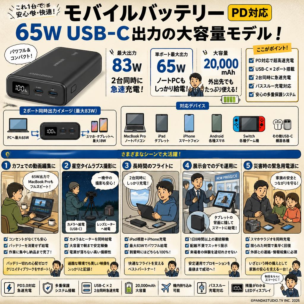 モバイルバッテリー PD対応 65W USB C 出力 大容量 2台同時急速充電 最大83Wの出力  MacBook Pro/ノートパソコン/iPhone/iPad/Android/Switch 各種他対応 用途