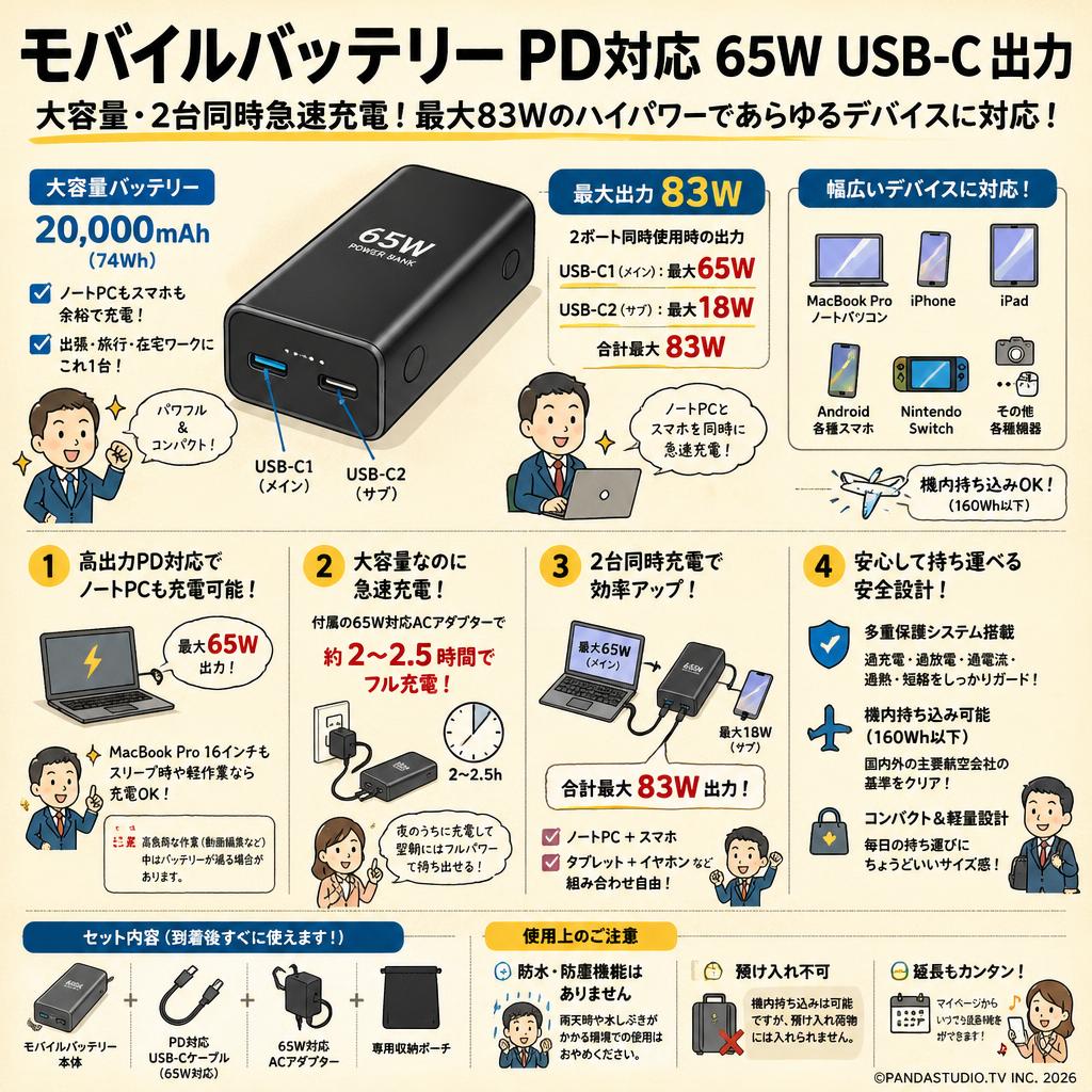 モバイルバッテリー PD対応 65W USB C 出力 大容量 2台同時急速充電 最大83Wの出力  MacBook Pro/ノートパソコン/iPhone/iPad/Android/Switch 各種他対応 FAQ（よくある質問と答え）