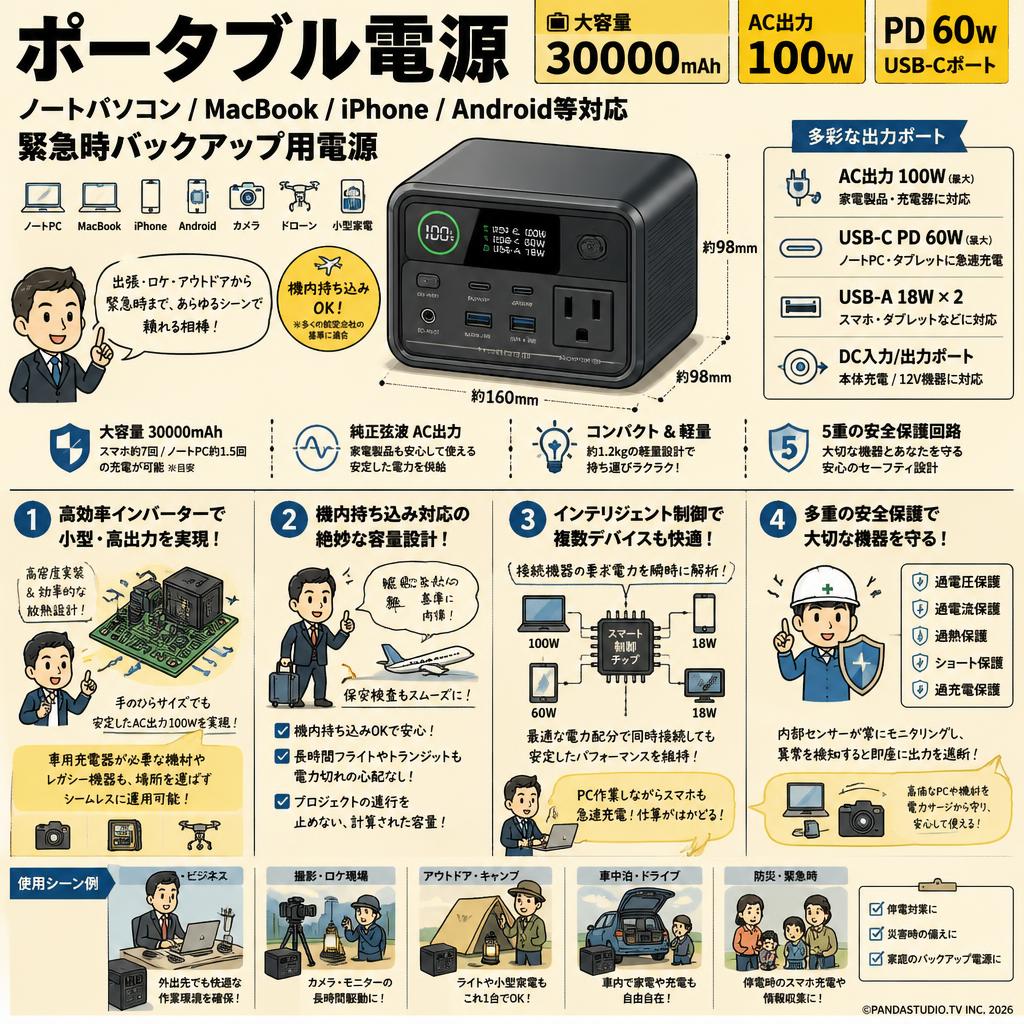 ポータブル電源  30000mAh 100W AC出力 PD 60W USB-Cポート 大容量 ノートパソコン/MacBook/iPhone/Android等対応 緊急時バックアップ用電源 概要