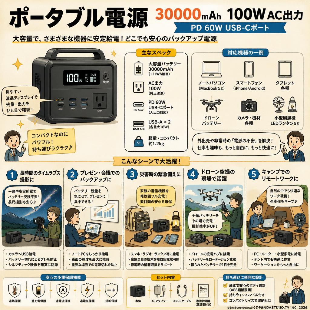 ポータブル電源  30000mAh 100W AC出力 PD 60W USB-Cポート 大容量 ノートパソコン/MacBook/iPhone/Android等対応 緊急時バックアップ用電源 用途