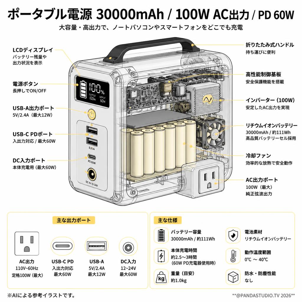 ポータブル電源  30000mAh 100W AC出力 PD 60W USB-Cポート 大容量 ノートパソコン/MacBook/iPhone/Android等対応 緊急時バックアップ用電源 スペック