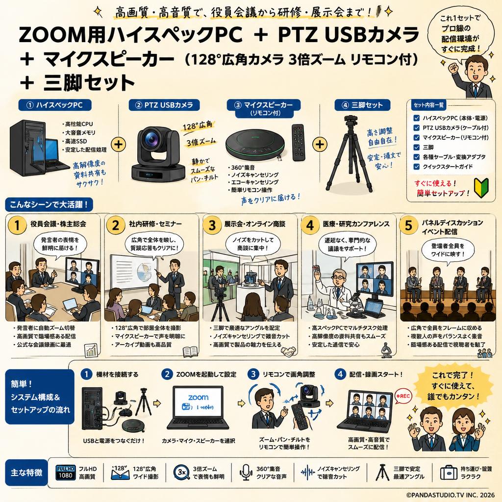 ZOOM用ハイスペックPC ＋  PTZ USBカメラ ＋ マイクスピーカー （128°広角カメラ 3倍ズーム リモコン付）＋ 三脚セット 用途