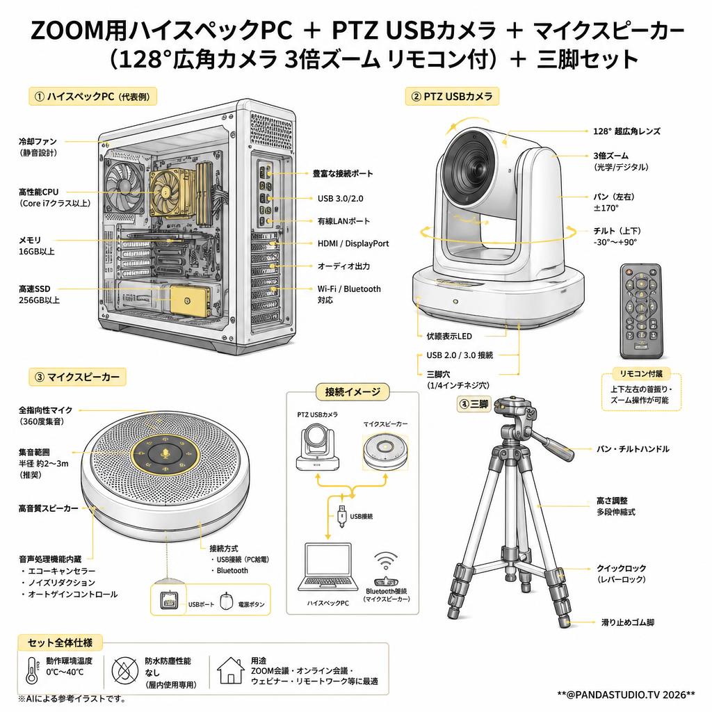ZOOM用ハイスペックPC ＋  PTZ USBカメラ ＋ マイクスピーカー （128°広角カメラ 3倍ズーム リモコン付）＋ 三脚セット スペック