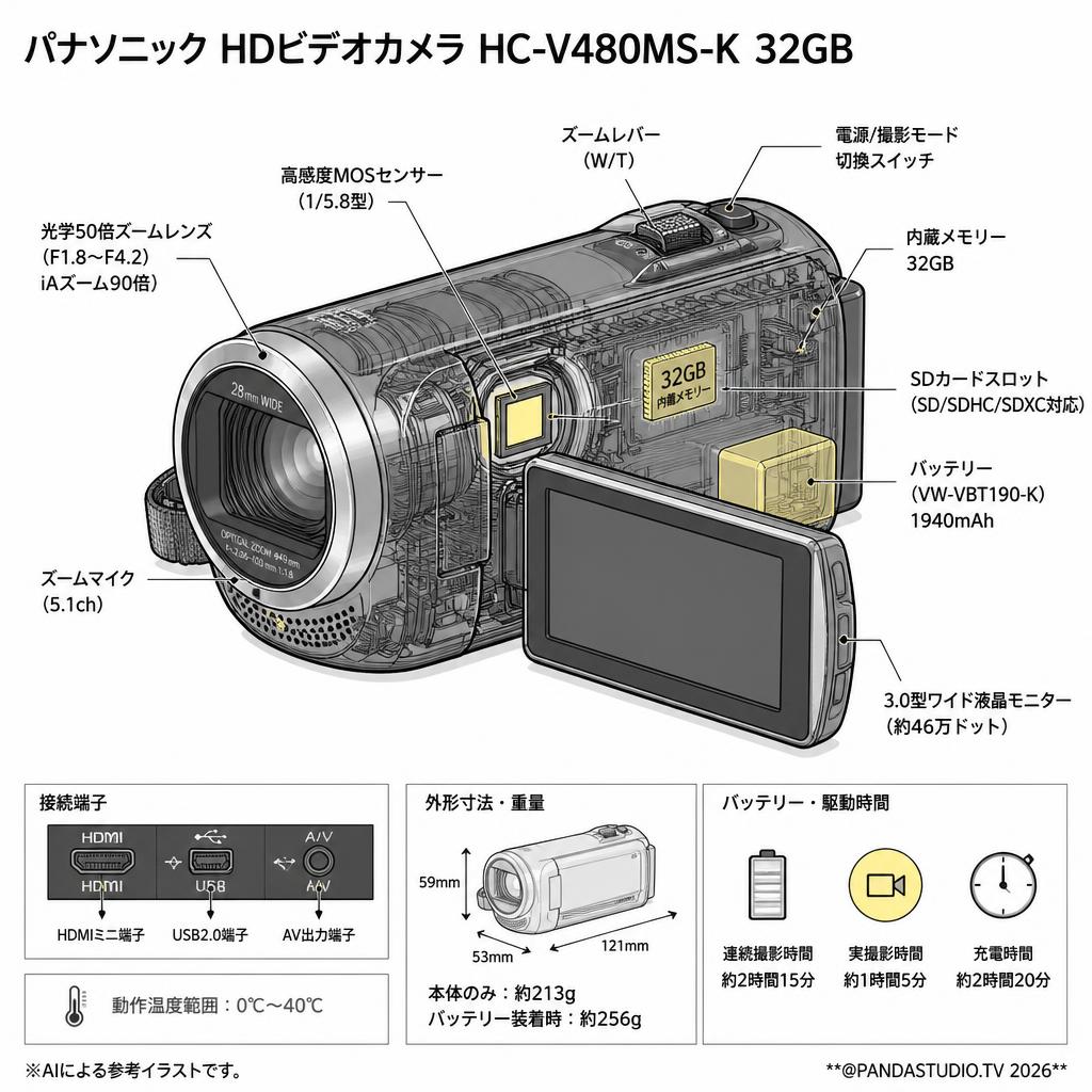 Panasonic HDビデオカメラ HC-V480MS-K 32GB スペック