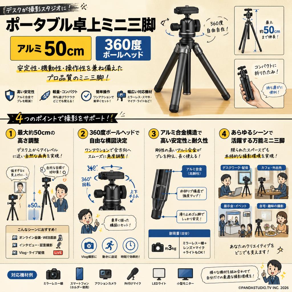 ポータブル卓上ミニ三脚　アルミ 50cm　360度ボールヘッド 概要