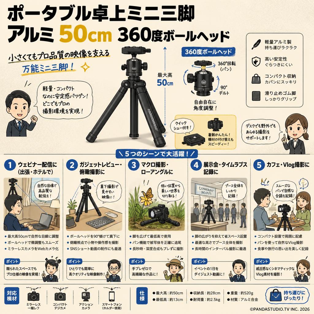 ポータブル卓上ミニ三脚　アルミ 50cm　360度ボールヘッド 用途