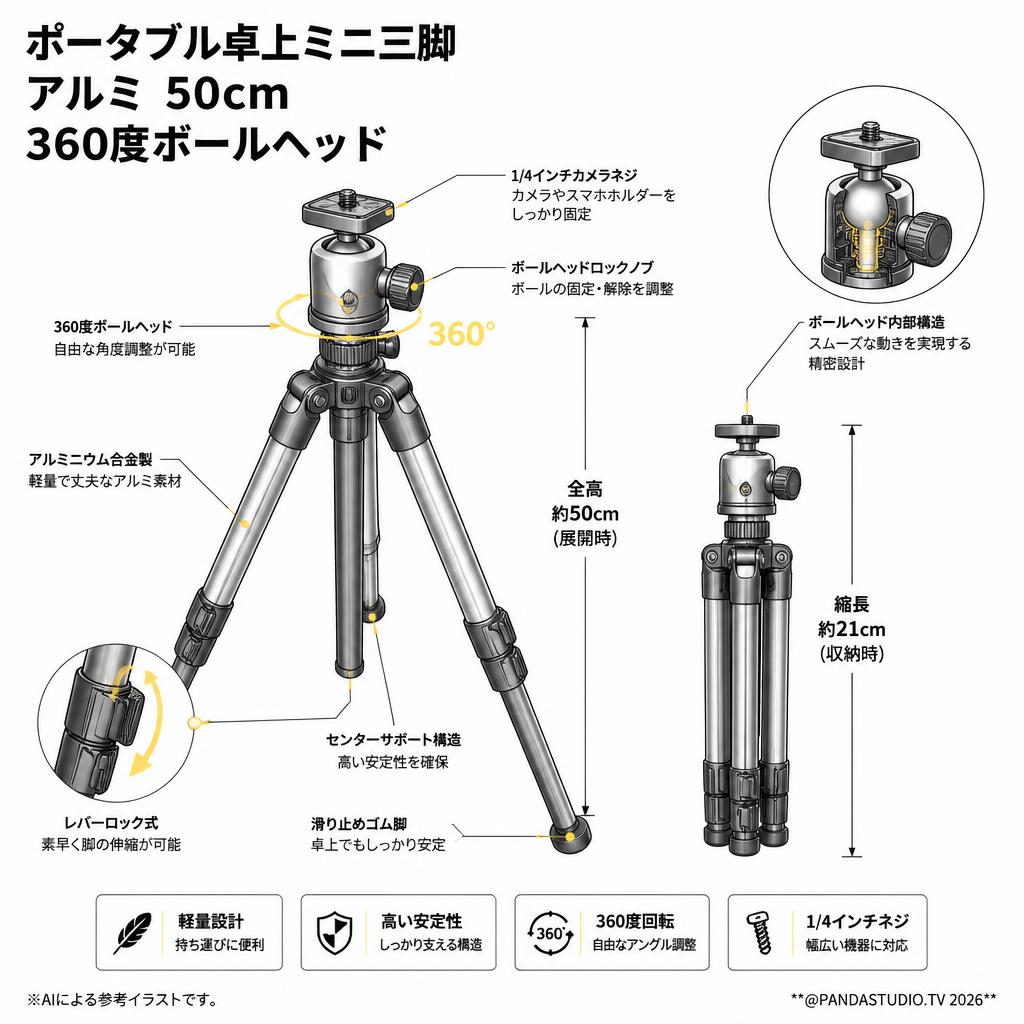 ポータブル卓上ミニ三脚　アルミ 50cm　360度ボールヘッド スペック