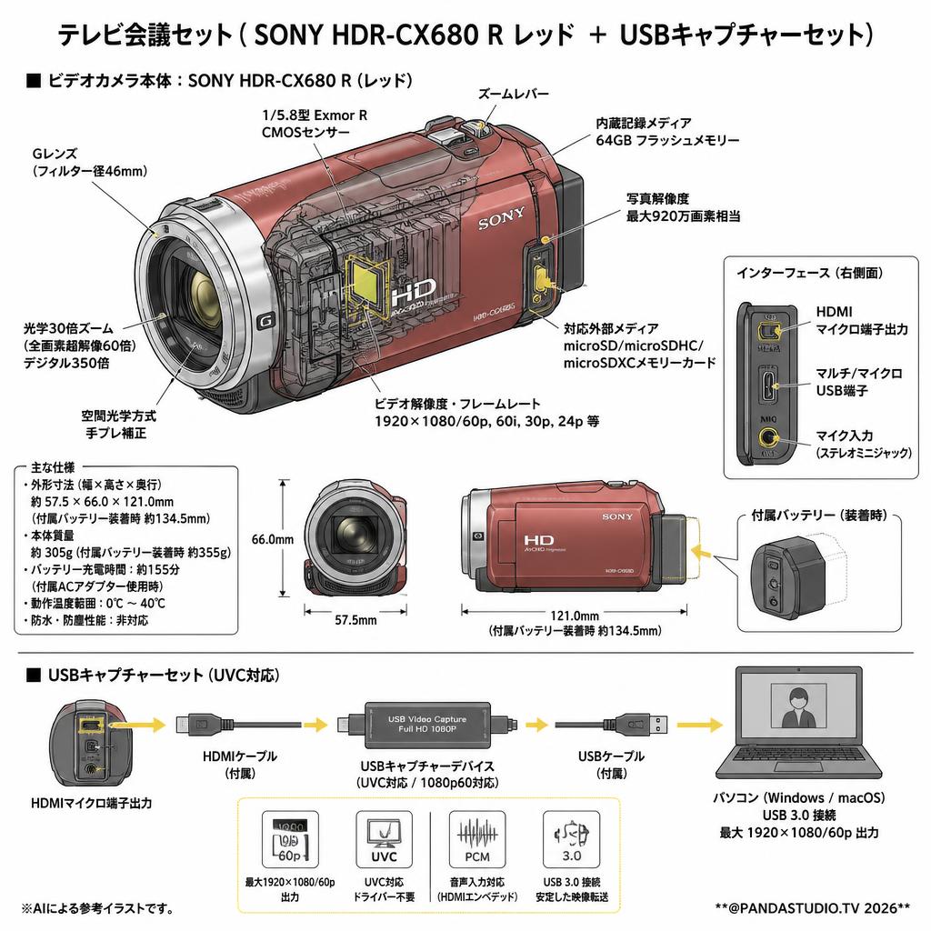テレビ会議セット（ SONY HDR-CX680 R レッド ＋ USBキャプチャーセット） スペック