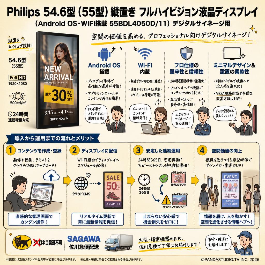 Philips 54.6型（55型）縦置き フルハイビジョン液晶ディスプレイ（Android OS・WIFI搭載 55BDL4050D/11） デジタルサイネージ用【クロネコ発送不可/佐川急便配送】 概要