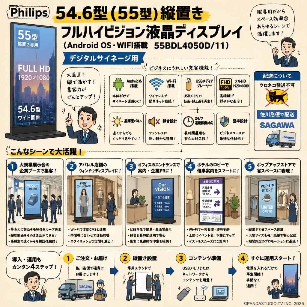 Philips 54.6型（55型）縦置き フルハイビジョン液晶ディスプレイ（Android OS・WIFI搭載 55BDL4050D/11） デジタルサイネージ用【クロネコ発送不可/佐川急便配送】 用途
