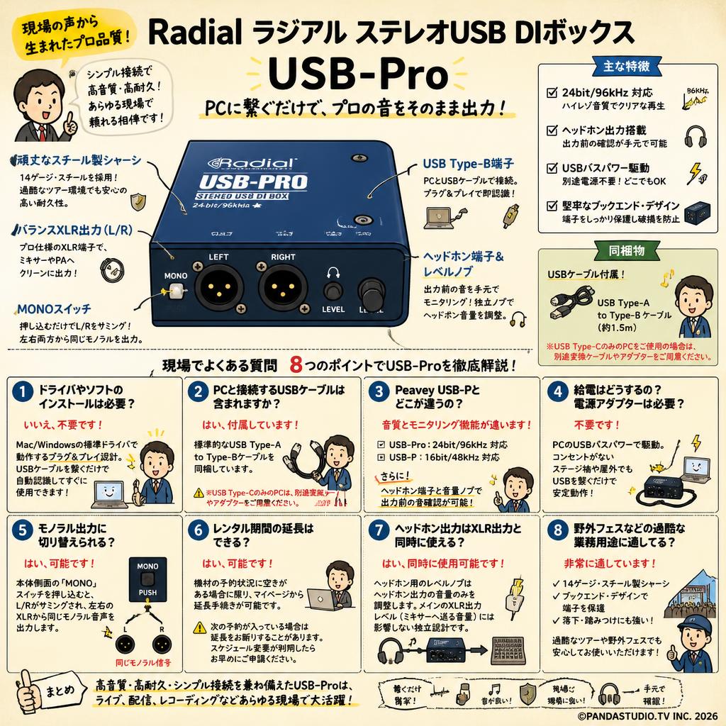 Radial ラジアル ステレオUSB DIボックス USB-Pro FAQ（よくある質問と答え）