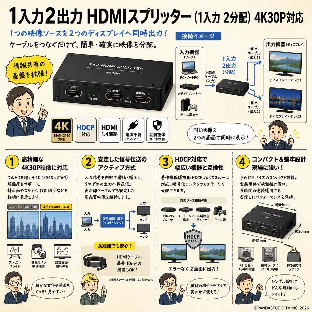 1入力2出力 HDMIスプリッター(1入力 2分配）4K30P対応 概要