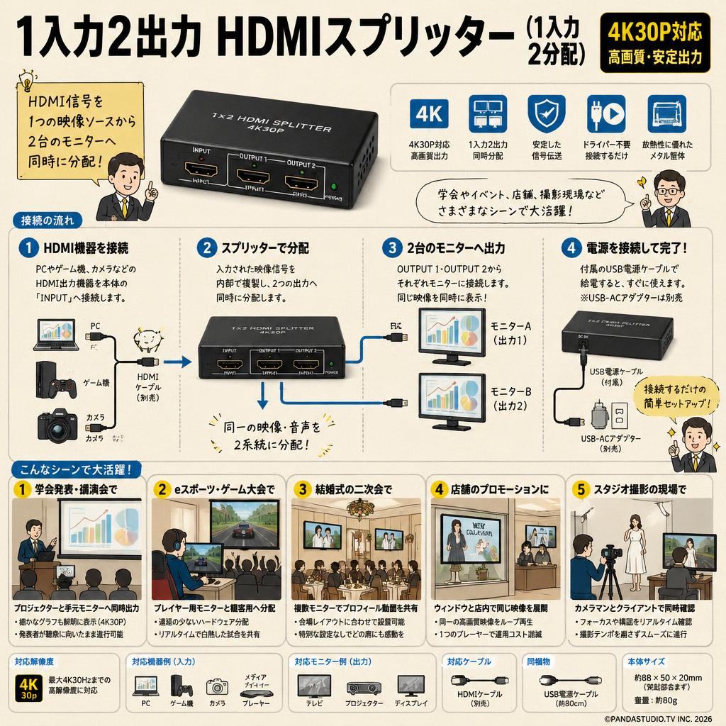 1入力2出力 HDMIスプリッター(1入力 2分配）4K30P対応 用途