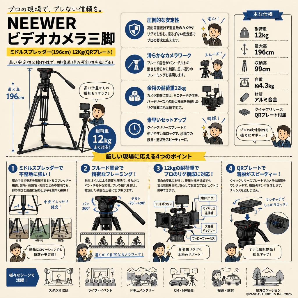 NEEWER ビデオカメラ三脚 ミドルスプレッダー(196cm) 12Kg(QRプレート) 概要