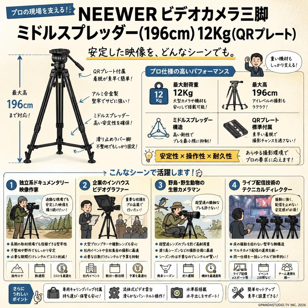 NEEWER ビデオカメラ三脚 ミドルスプレッダー(196cm) 12Kg(QRプレート) おもな対象のお客様