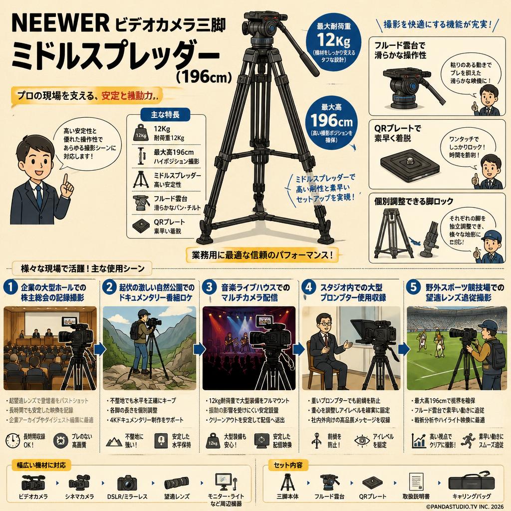 NEEWER ビデオカメラ三脚 ミドルスプレッダー(196cm) 12Kg(QRプレート) 用途