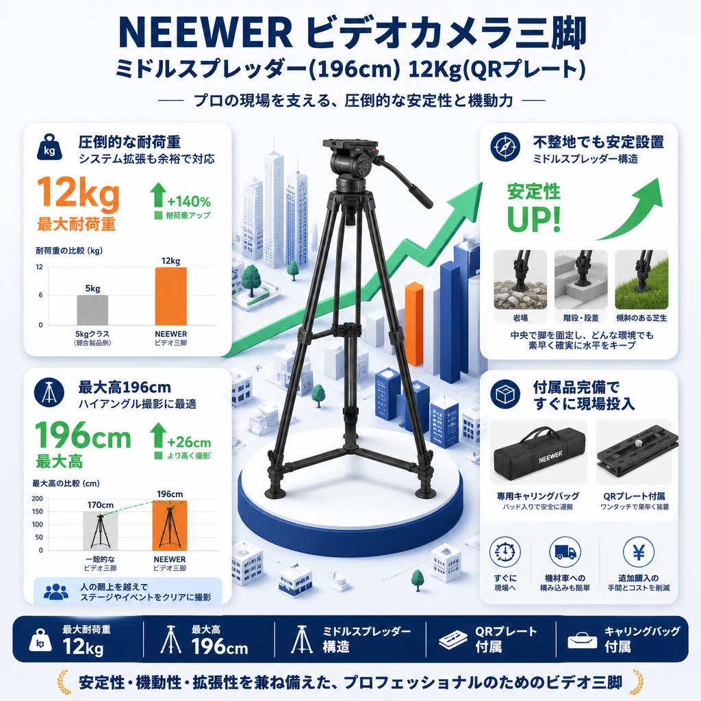 NEEWER ビデオカメラ三脚 ミドルスプレッダー(196cm) 12Kg(QRプレート) セールスポイント