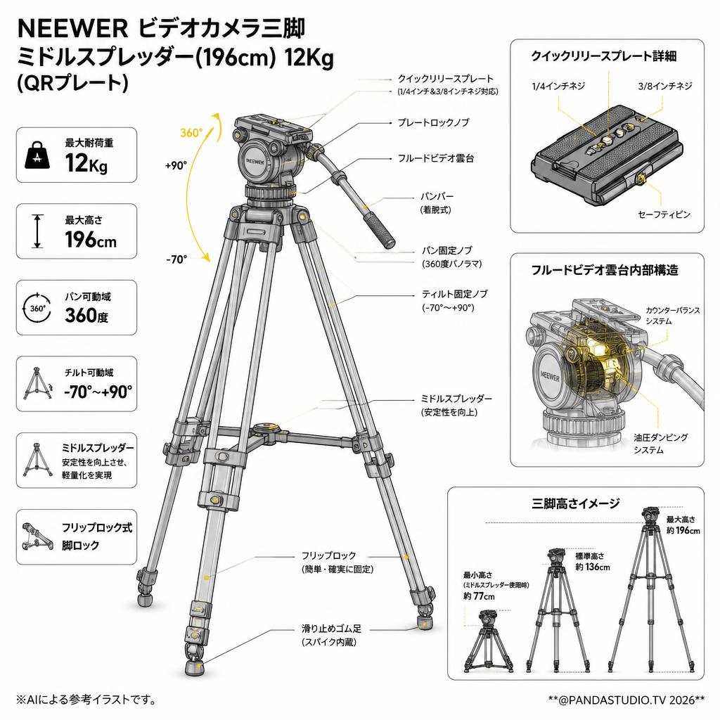 NEEWER ビデオカメラ三脚 ミドルスプレッダー(196cm) 12Kg(QRプレート) スペック