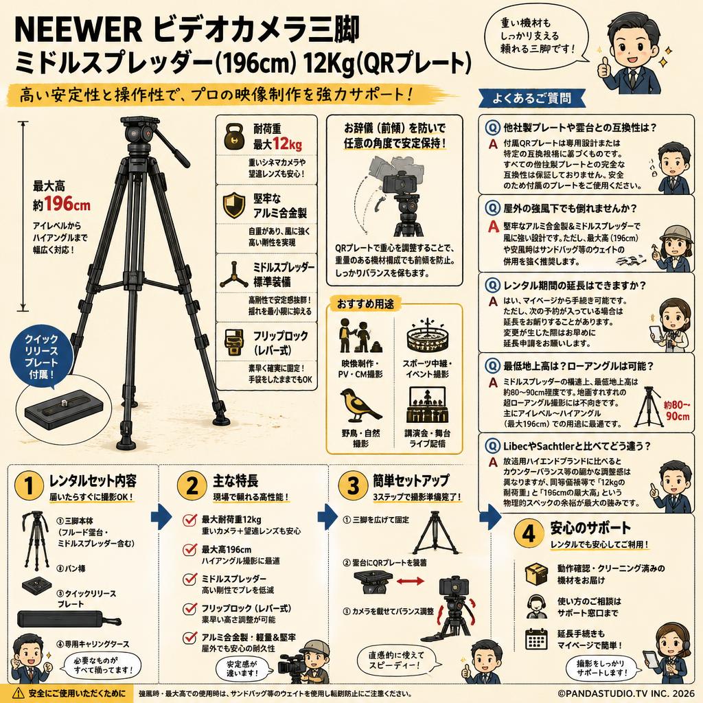 NEEWER ビデオカメラ三脚 ミドルスプレッダー(196cm) 12Kg(QRプレート) FAQ（よくある質問と答え）
