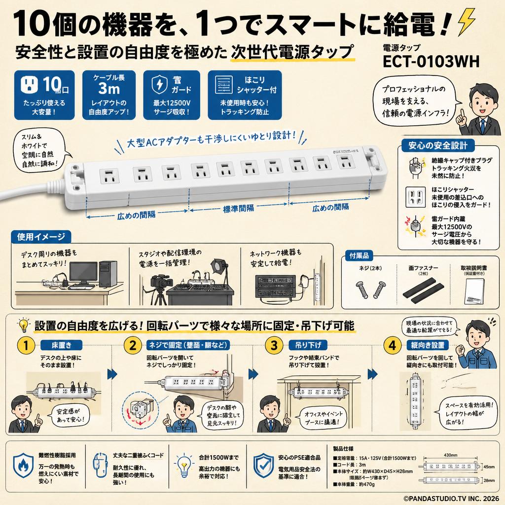 電源タップ  10個口 3m 雷ガード ほこりシャッター付 固定&吊下可能な回転パーツ付き ECT-0103WH 概要