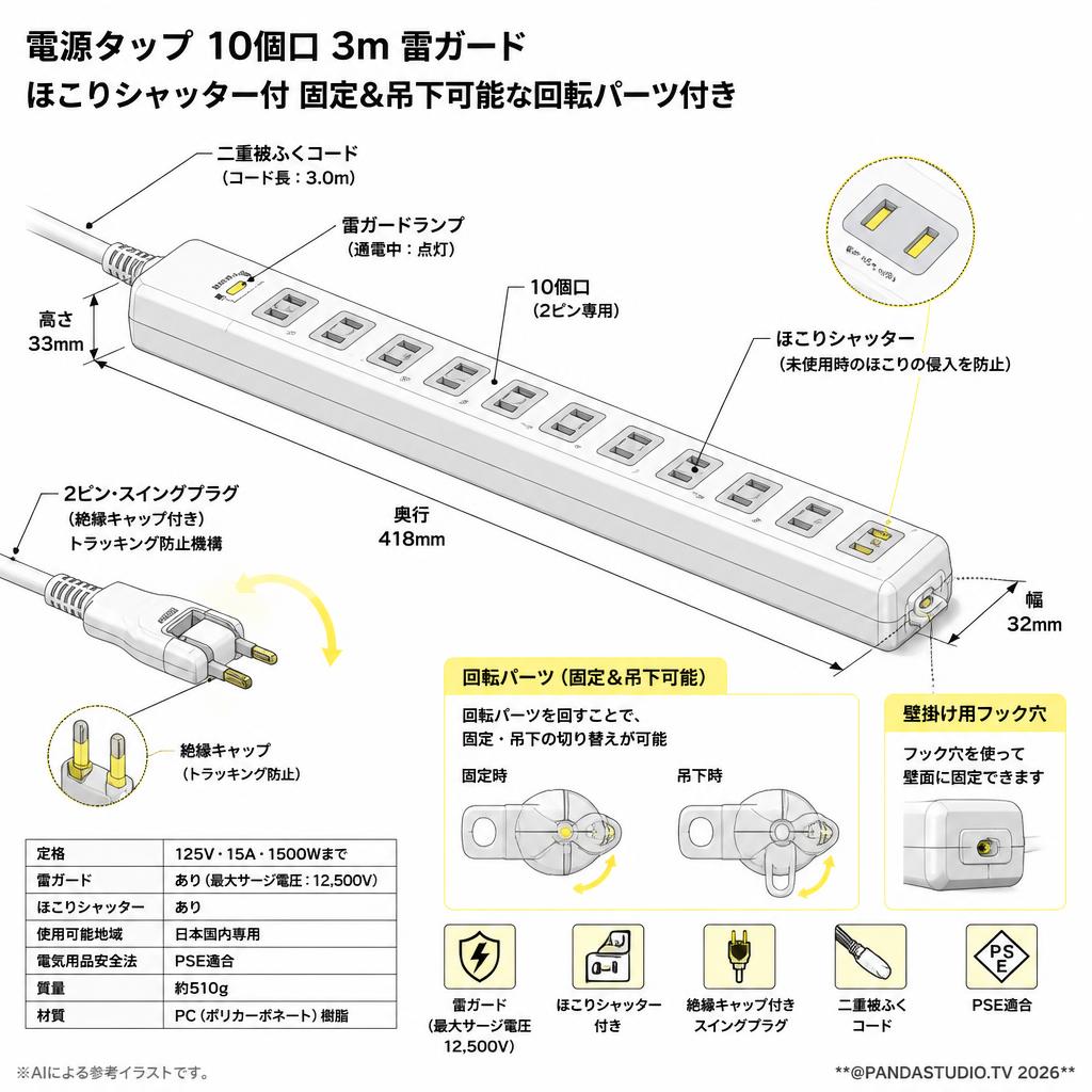 電源タップ  10個口 3m 雷ガード ほこりシャッター付 固定&吊下可能な回転パーツ付き ECT-0103WH スペック