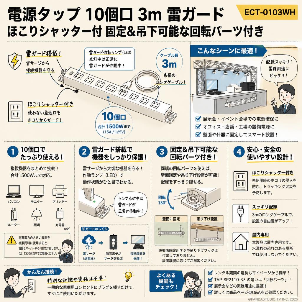 電源タップ  10個口 3m 雷ガード ほこりシャッター付 固定&吊下可能な回転パーツ付き ECT-0103WH FAQ（よくある質問と答え）