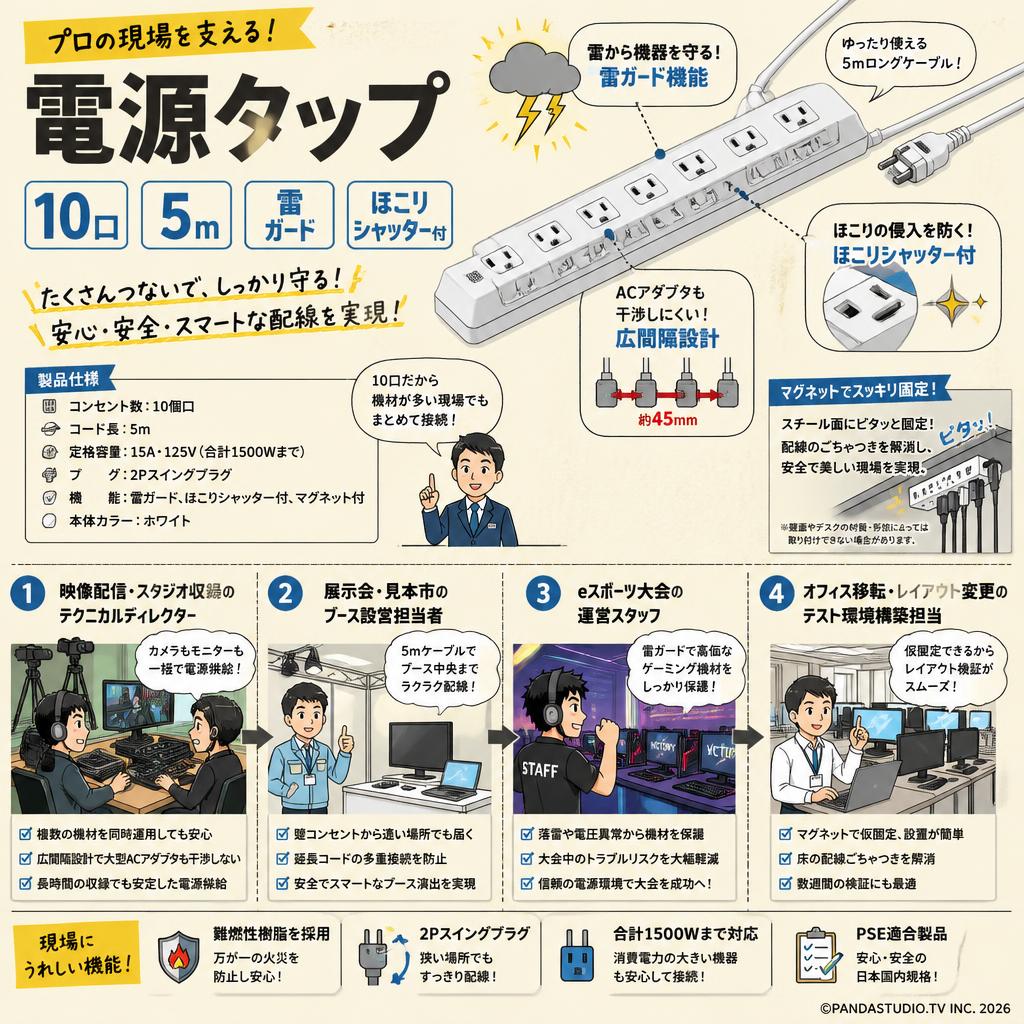 電源タップ  10口 5m 雷ガード ほこりシャッター付 ECT-0105WH おもな対象のお客様