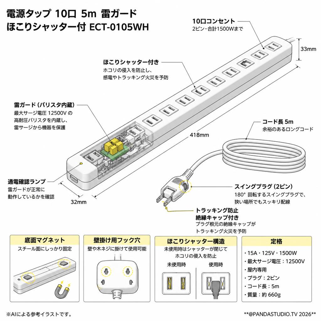 電源タップ  10口 5m 雷ガード ほこりシャッター付 ECT-0105WH スペック