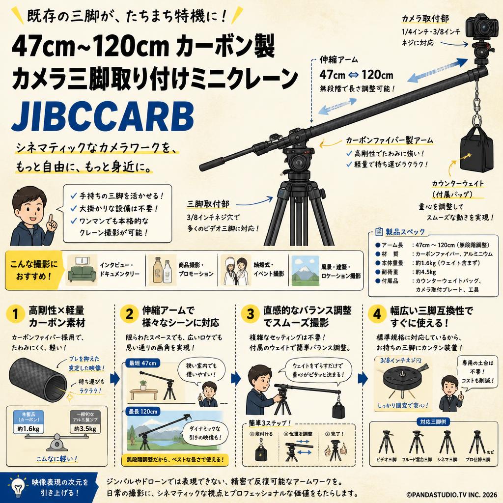 47cm~120cm カーボン製カメラ三脚取り付けミニクレーン JIBCCARB 概要