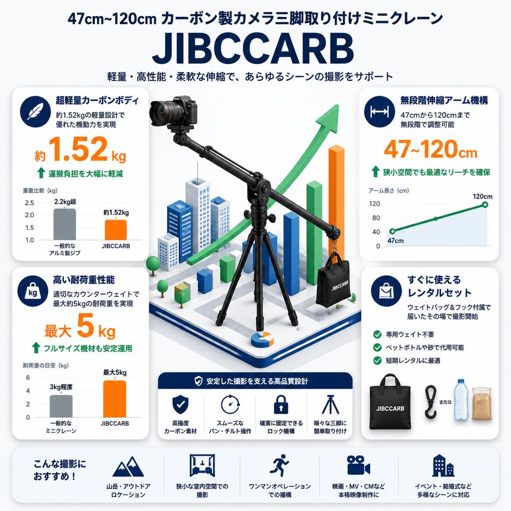 47cm~120cm カーボン製カメラ三脚取り付けミニクレーン JIBCCARB セールスポイント