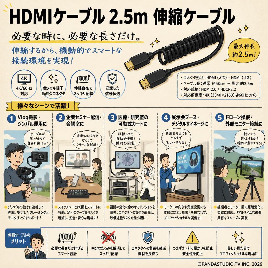 HDMIケーブル 2.5m　伸縮ケーブル 用途