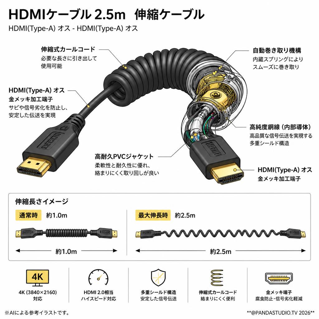 HDMIケーブル 2.5m　伸縮ケーブル スペック