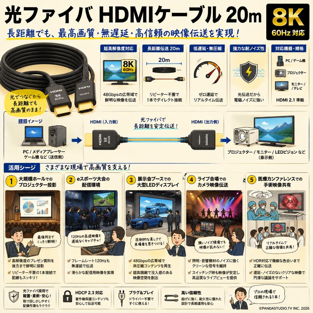 光ファイバ HDMIケーブル 20m 8K 60Hz 対応 用途