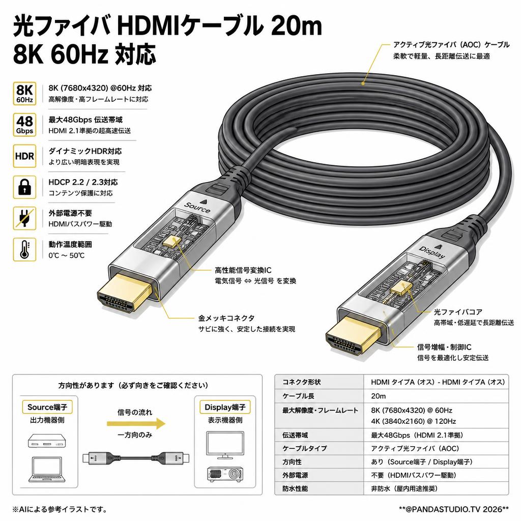 光ファイバ HDMIケーブル 20m 8K 60Hz 対応 スペック