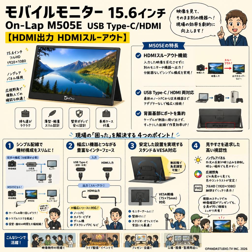 モバイルモニター 15.6インチ On-Lap M505E USB Type-C/HDMI 【HDMI出力 HDMIスルーアウト】 概要