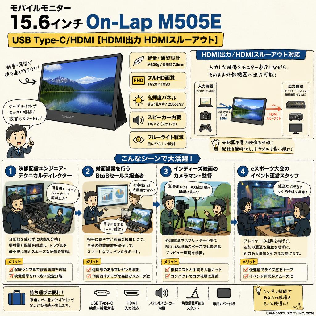 モバイルモニター 15.6インチ On-Lap M505E USB Type-C/HDMI 【HDMI出力 HDMIスルーアウト】 おもな対象のお客様