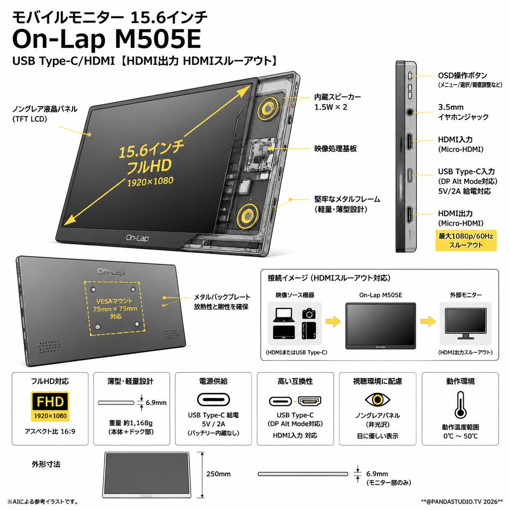 モバイルモニター 15.6インチ On-Lap M505E USB Type-C/HDMI 【HDMI出力 HDMIスルーアウト】 スペック