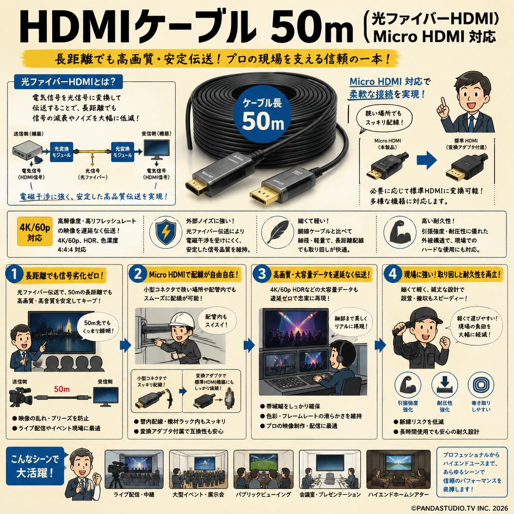 HDMIケーブル 50m （光ファイバーHDMI）Micro HDMI 対応 概要