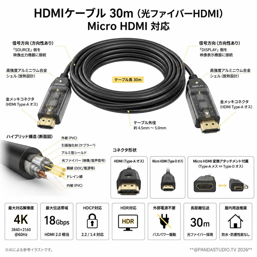 HDMIケーブル 30m （光ファイバーHDMI）Micro HDMI 対応 スペック