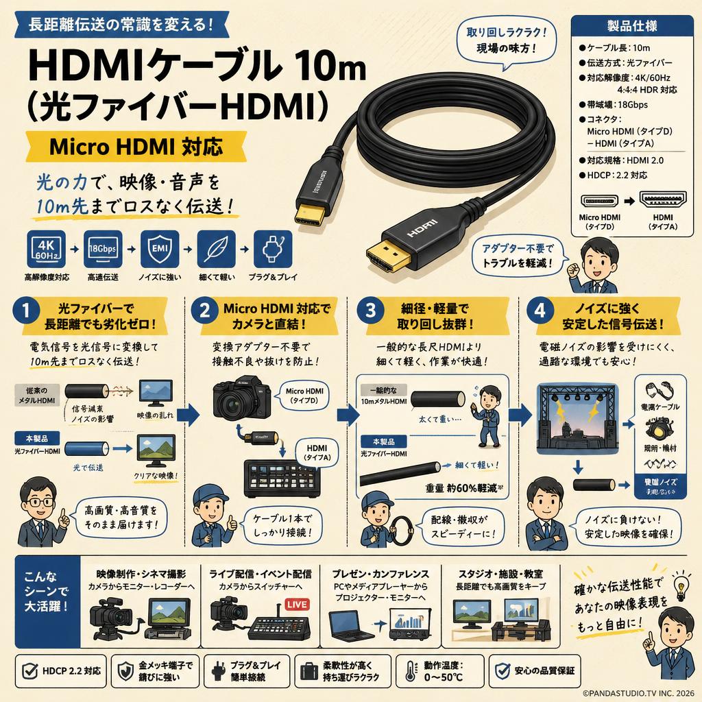 HDMIケーブル 10m （光ファイバーHDMI）Micro HDMI 対応 概要