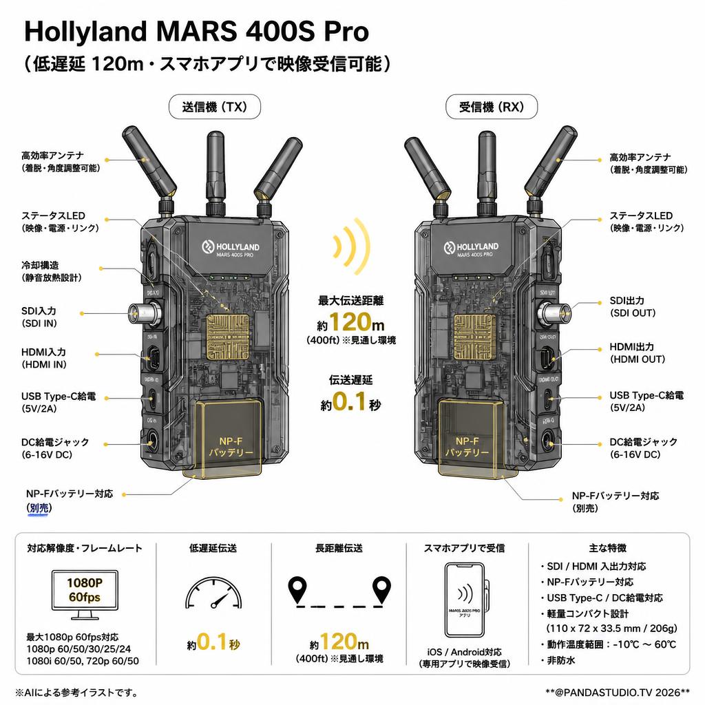 Hollyland MARS 400S Pro（低遅延 120ｍ・スマホアプリで映像受信可能） スペック