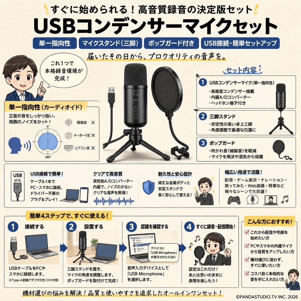 USBマイク コンデンサーマイク 単一指向性 マイクスタンド 三脚スタンド ポップガード付き 概要
