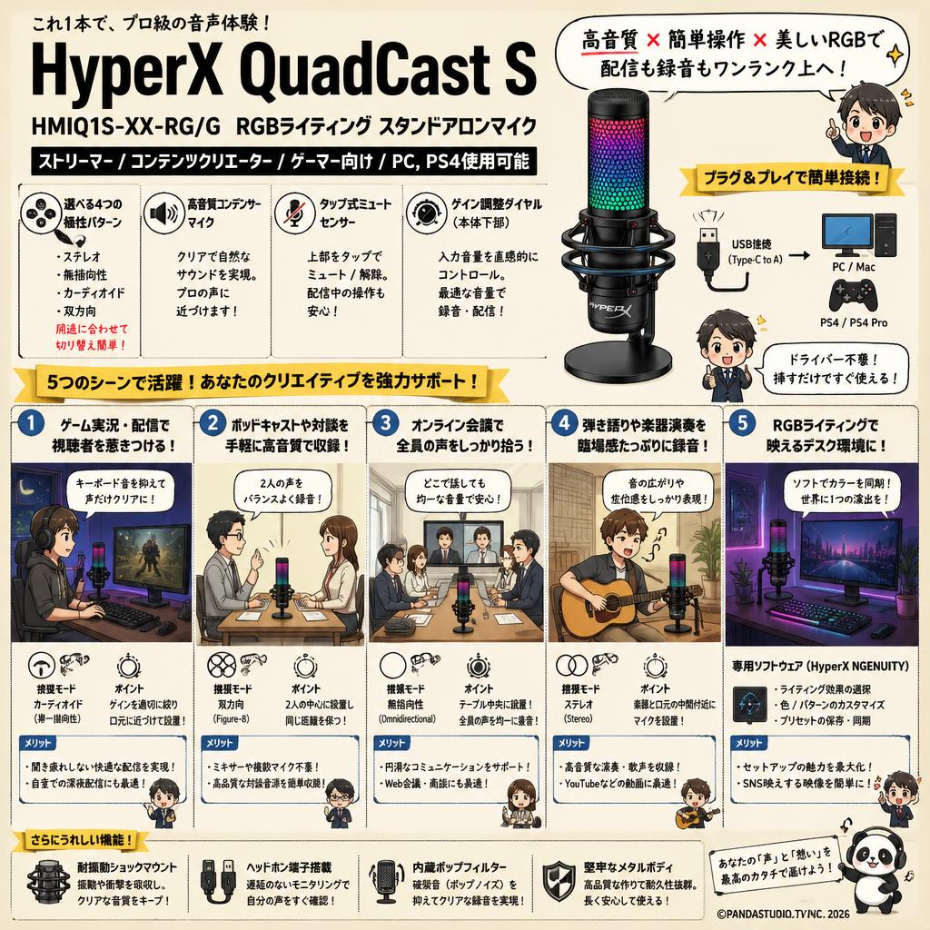 HyperX QuadCast S HMIQ1S-XX-RG/G RGBライティング スタンドアロンマイク ストリーマー/コンテンツクリエーター/ゲーマー向け/PC,PS4使用可能 用途