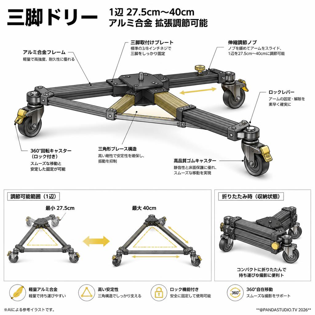 三脚ドリー  1辺 27.5cm~40cm アルミ合金 拡張調節可能 スペック